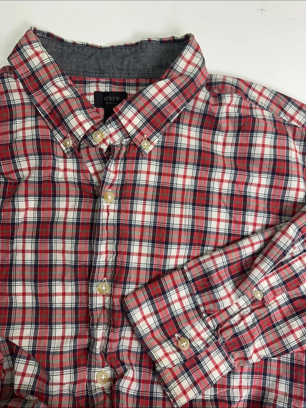 J. Crew Tartan Plaid Button Up Shirt, Men's XL Red White & Blue Cotton Casual